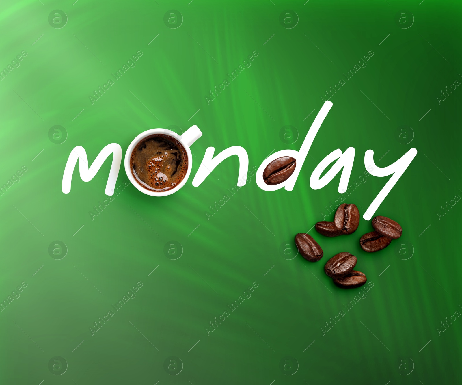 Coffee will make Monday good. Cup of hot drink instead of letter O in word and roasted beans on green background, top view Image of Coffee will make Monday good. Cup of hot drink instead of letter O in word and roasted beans on green background, top view