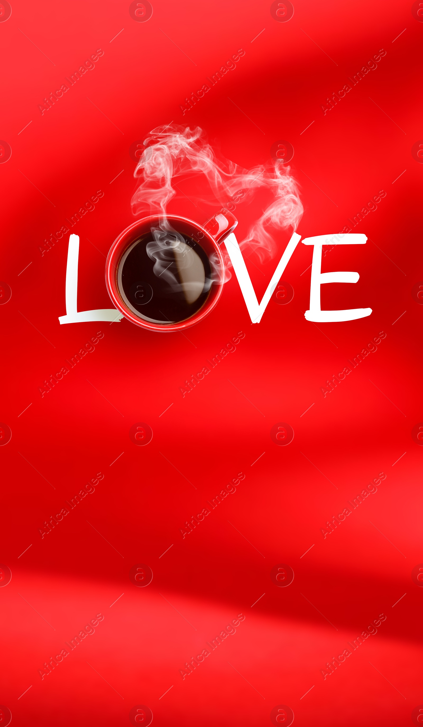 Cup of coffee instead of letter O in word Love on red background, top view Image of Cup of coffee instead of letter O in word Love on red background, top view