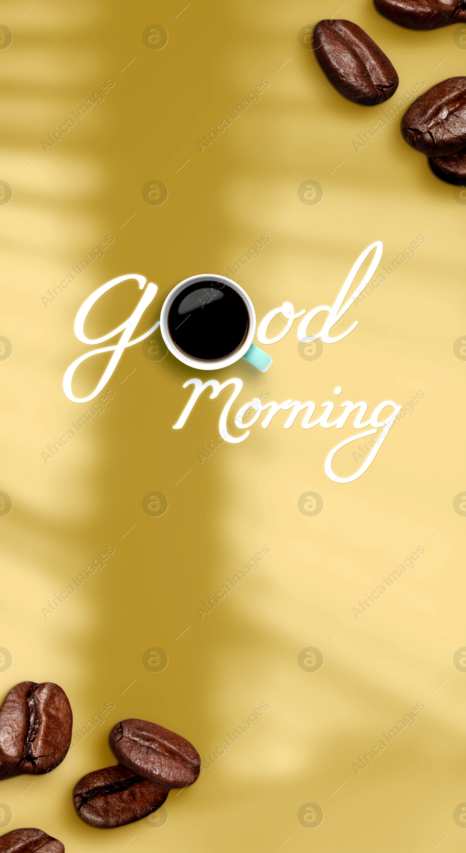 Morning good only with coffee. Inscription with cup of hot drink instead of letter O and roasted beans on dark beige background, top view Image of Morning good only with coffee. Inscription with cup of hot drink instead of letter O and roasted beans on dark beige background, top view