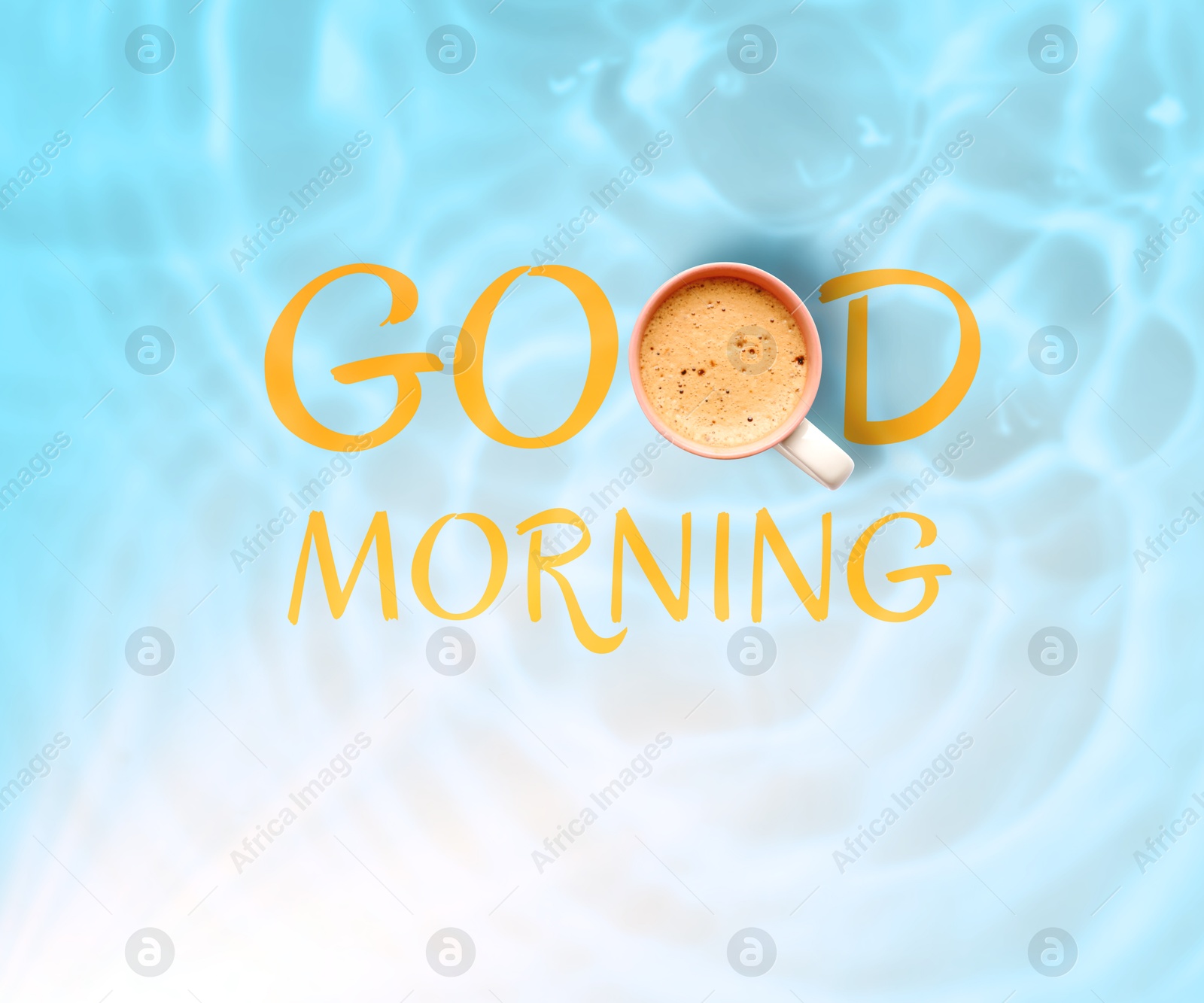 Morning good only with coffee. Inscription with cup of hot drink instead of letter O on water, top view Image of Morning good only with coffee. Inscription with cup of hot drink instead of letter O on water, top view