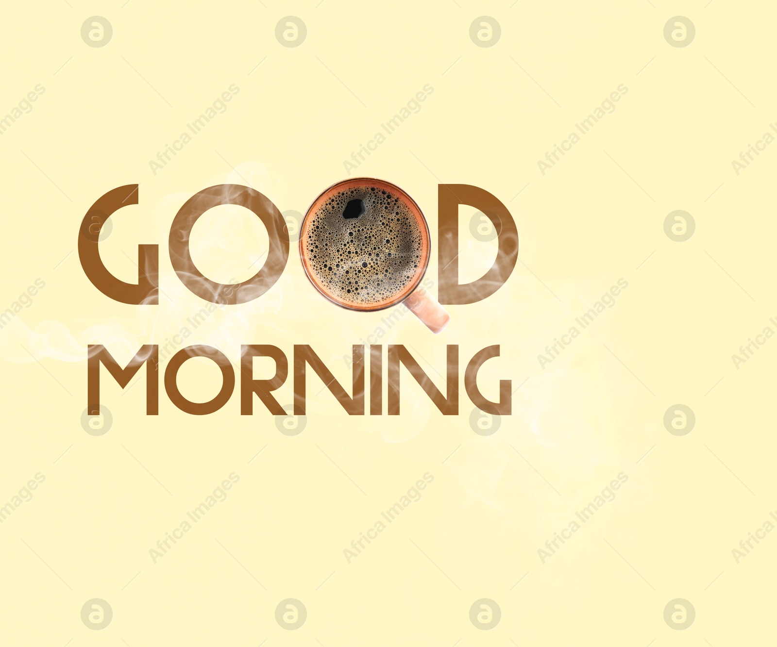 Cup of coffee instead of letter O in inscription Good Morning on beige background, top view Image of Cup of coffee instead of letter O in inscription Good Morning on beige background, top view
