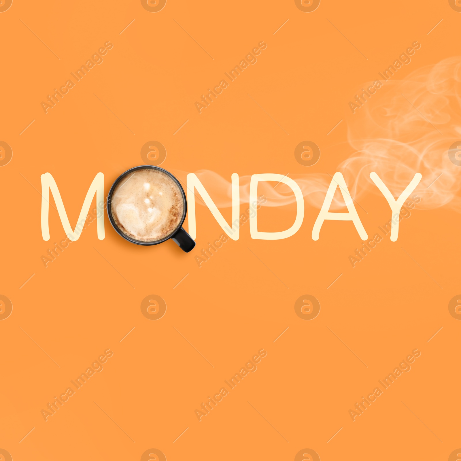 Coffee will make Monday good. Cup of hot drink instead of letter O in word on orange background, top view Image of Coffee will make Monday good. Cup of hot drink instead of letter O in word on orange background, top view