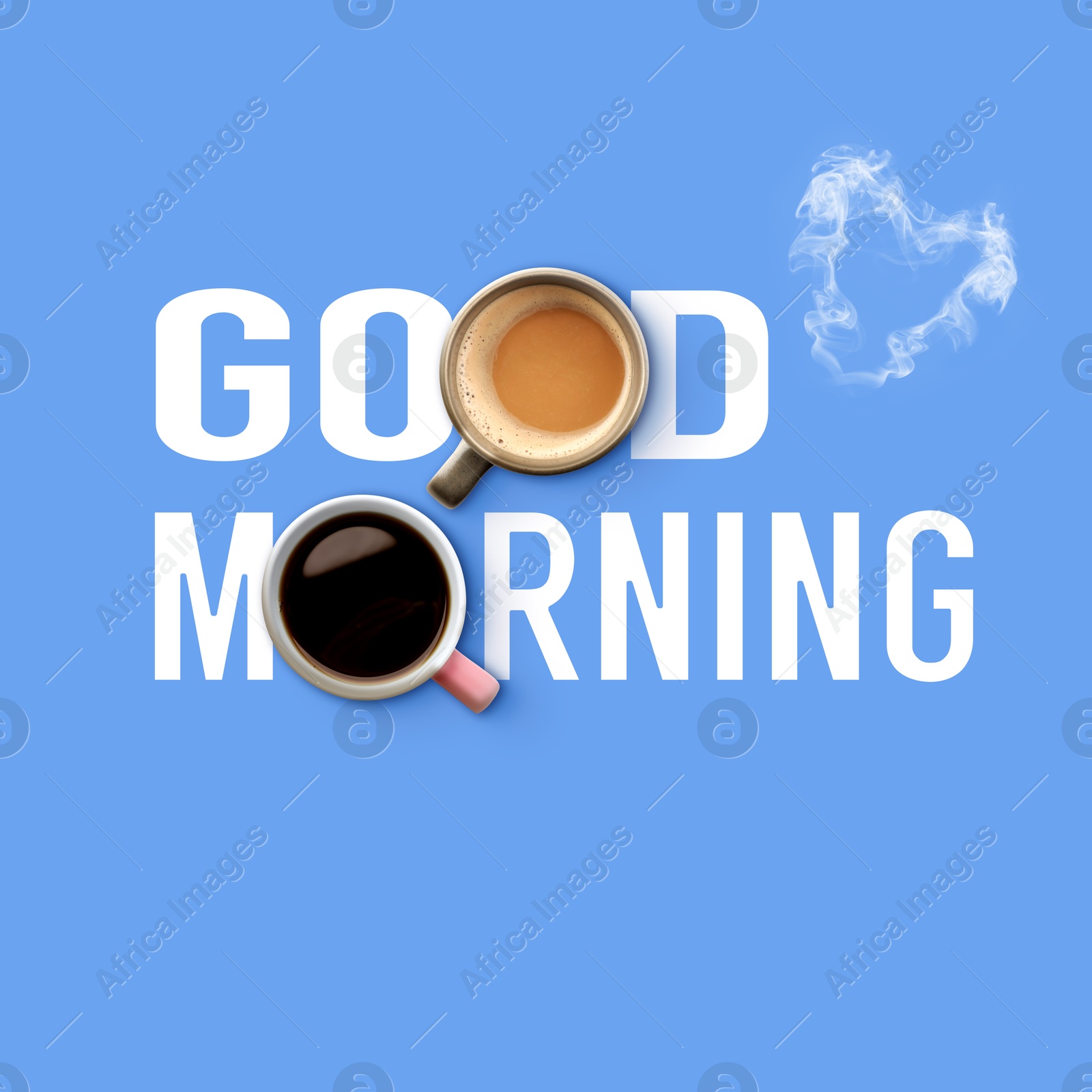 Cups of coffee instead of letters O in inscription Good Morning on blue background, top view Image of Cups of coffee instead of letters O in inscription Good Morning on blue background, top view
