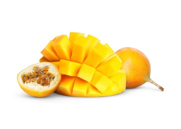 Image of Fresh juicy mango cut in cubes and passion fruits isolated on white