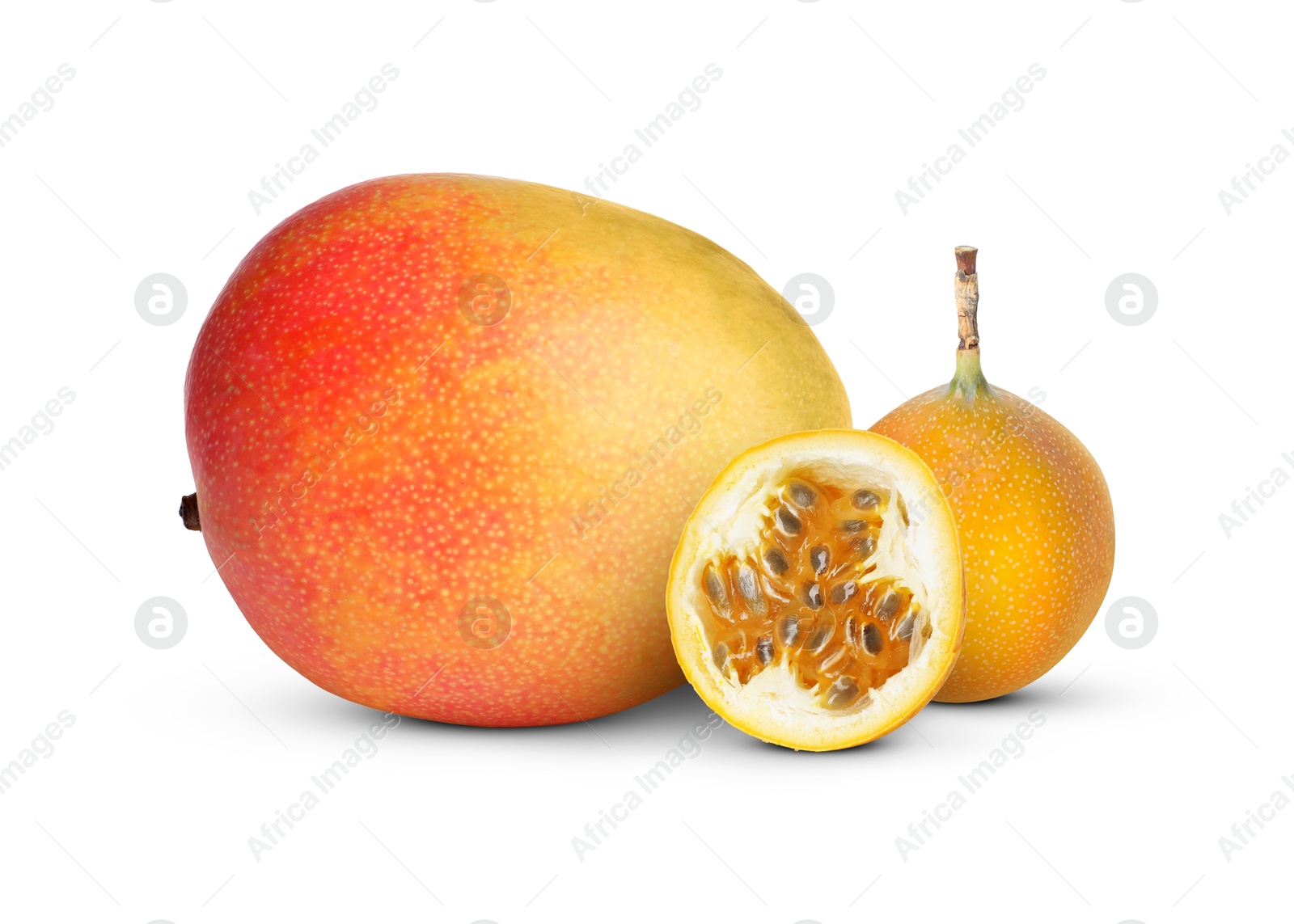 Fresh juicy mango and passion fruits isolated on white Image of Fresh juicy mango and passion fruits isolated on white