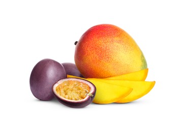 Image of Sweet fresh mangos and passion fruits isolated on white