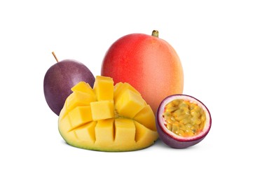 Image of Sweet fresh mangos and passion fruits isolated on white