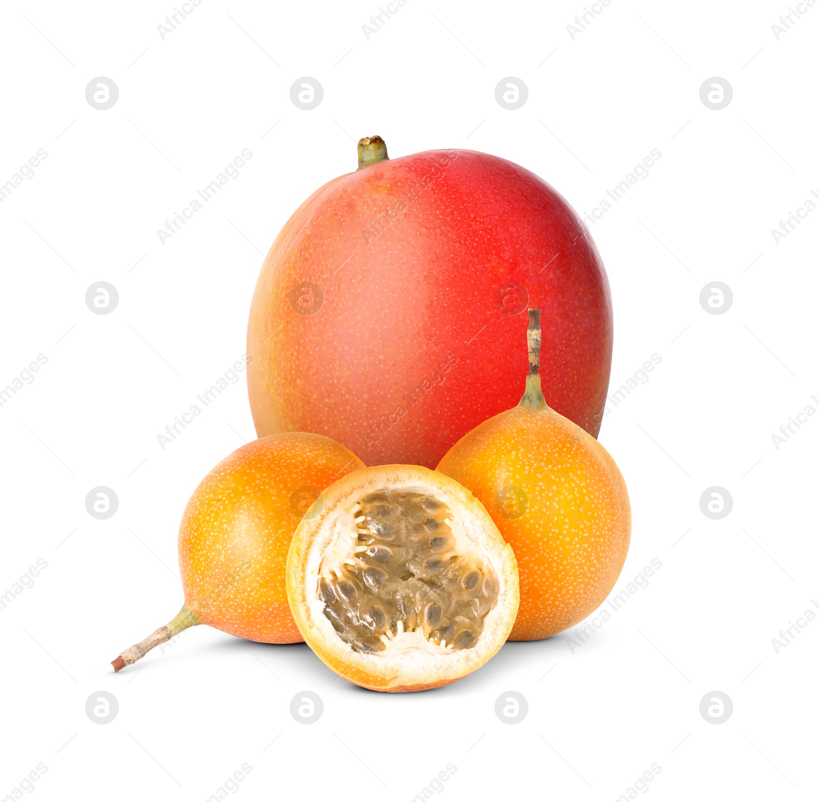 Fresh juicy mango and passion fruits isolated on white Image of Fresh juicy mango and passion fruits isolated on white