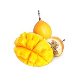 Image of Fresh juicy mango cut in cubes and passion fruits isolated on white