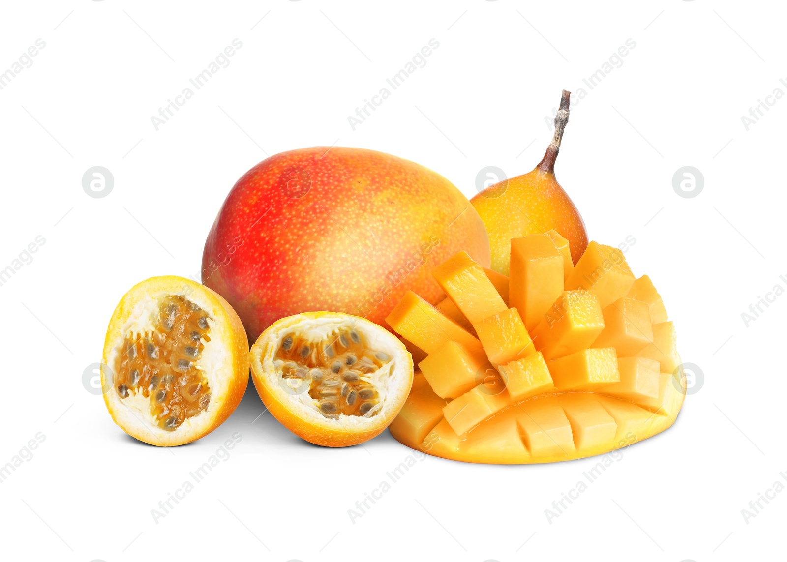 Sweet fresh mangos and passion fruits isolated on white Image of Sweet fresh mangos and passion fruits isolated on white
