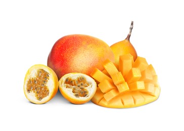 Image of Sweet fresh mangos and passion fruits isolated on white
