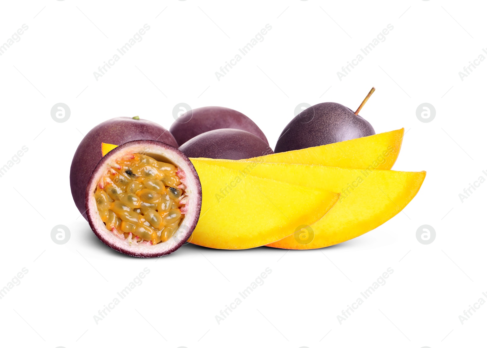 Image of Juicy mango slices and passion fruits isolated on white