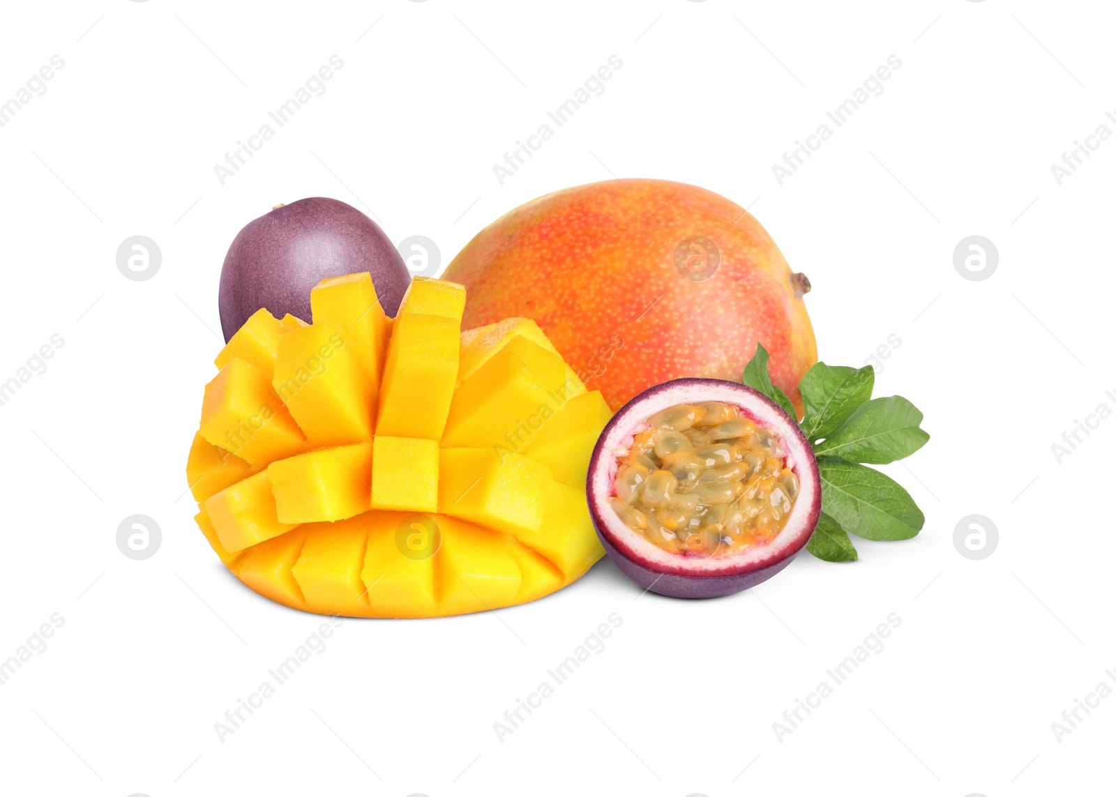 Sweet fresh mangos and passion fruits isolated on white Image of Sweet fresh mangos and passion fruits isolated on white