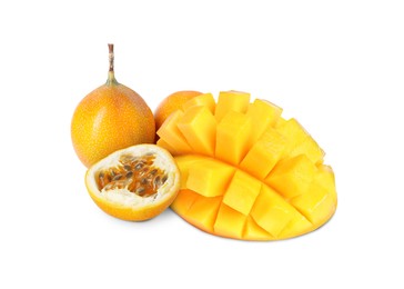 Image of Fresh juicy mango cut in cubes and passion fruits isolated on white