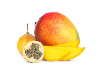 Image of Fresh juicy mangos and passion fruits isolated on white. Whole and cut