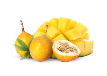 Image of Fresh juicy mango cut in cubes and passion fruits isolated on white