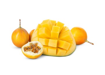 Image of Fresh juicy mango cut in cubes and passion fruits isolated on white