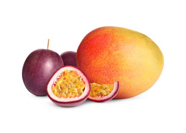 Image of Fresh juicy mango and passion fruits isolated on white