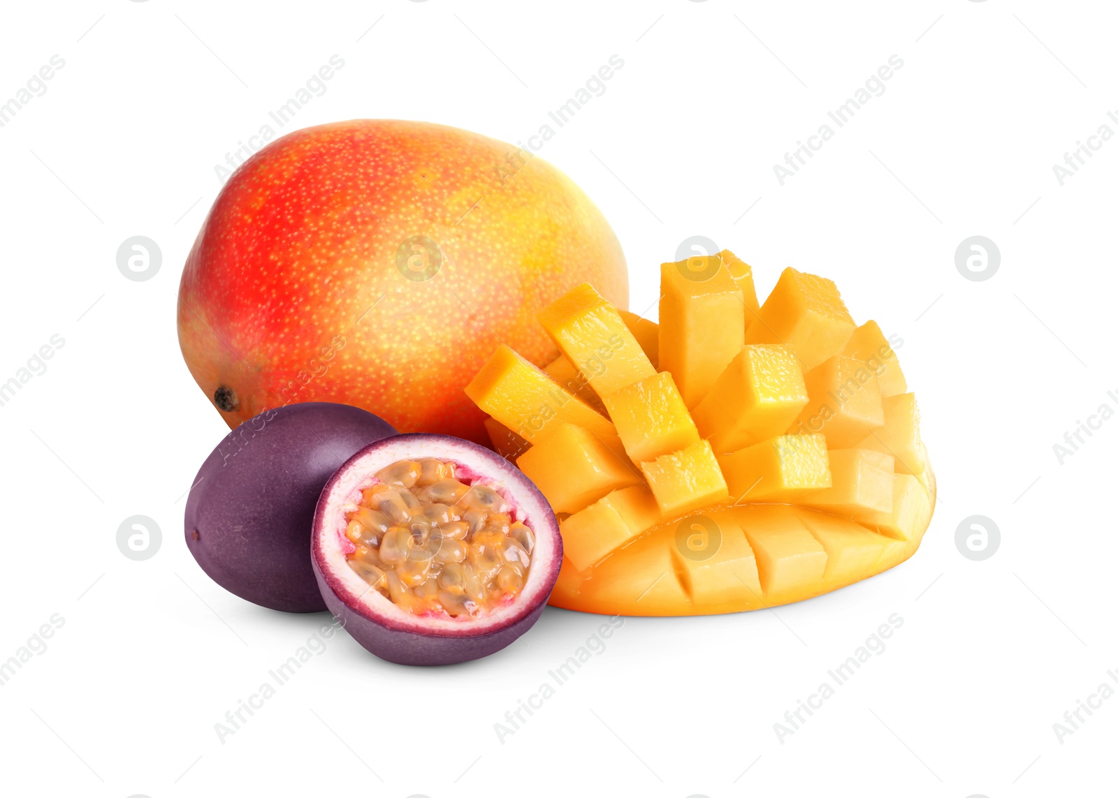 Sweet fresh mangos and passion fruits isolated on white Image of Sweet fresh mangos and passion fruits isolated on white