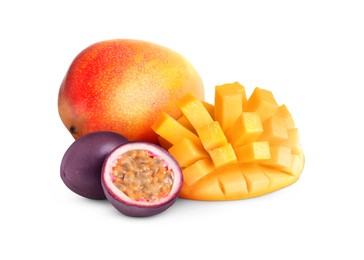 Image of Sweet fresh mangos and passion fruits isolated on white