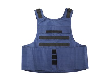 Photo of Bulletproof vest on white background, top view. Police equipment