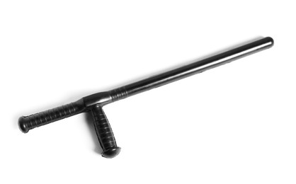 Photo of One black police baton on white background, above view