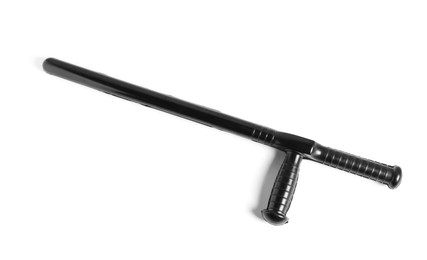 Photo of One black police baton on white background, above view