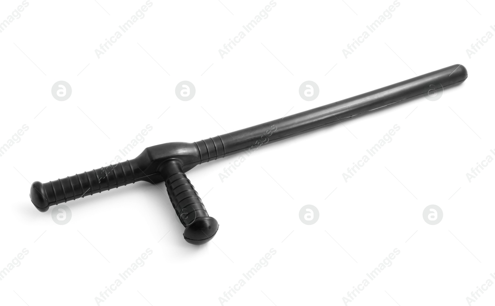 Photo of One black police baton on white background, above view