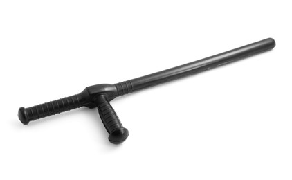 Photo of One black police baton on white background, above view