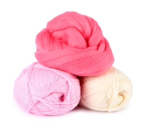 Photo of Felting wool and knitting yarn isolated on white