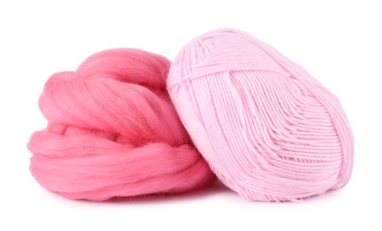 Photo of Felting wool and knitting yarn isolated on white