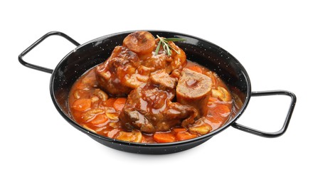 Photo of Tasty beef ossobuco with carrot, mushrooms and rosemary in frying pan isolated on white
