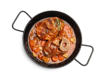 Photo of Tasty beef ossobuco with carrot, mushrooms and rosemary in frying pan isolated on white, top view