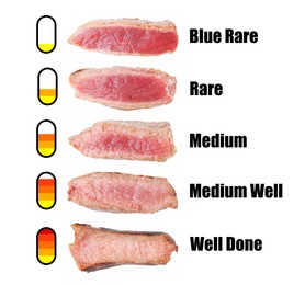 Image of Pieces of delicious beef meat and different heat levels on white background. Degrees of doneness