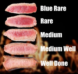 Image of Delicious beef meat pieces against fire on black background. Degrees of doneness from Blue Rare to Well Done
