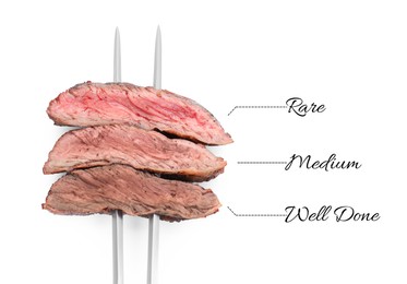 Image of Pieces of delicious beef meat in different degrees of doneness on white background