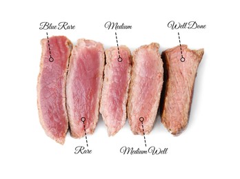 Image of Delicious beef meat pieces on white background, top view. Degrees of doneness from Blue Rare to Well Done
