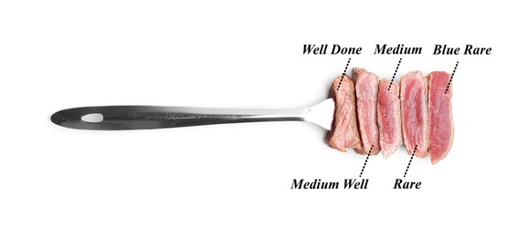 Image of Fork with pieces of delicious beef meat on white background. Degrees of doneness from Blue Rare to Well Done. Banner design