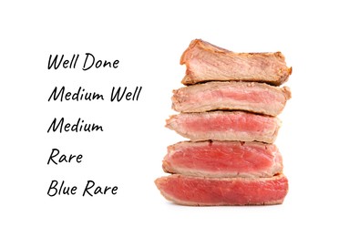 Image of Delicious beef meat pieces on white background. Degrees of doneness from Blue Rare to Well Done