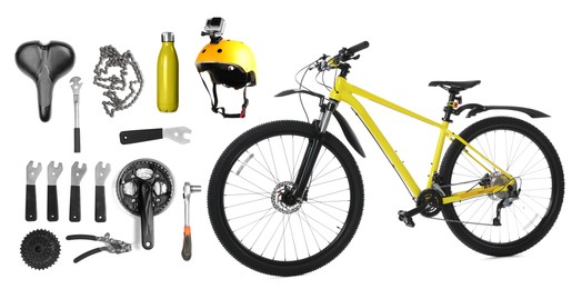 Image of Bicycle, its parts and accessories on white background, collage