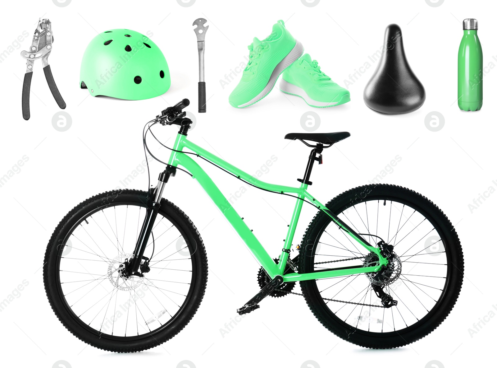 Bicycle, its parts and accessories on white background, collage Image of Bicycle, its parts and accessories on white background, collage