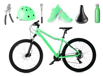 Image of Bicycle, its parts and accessories on white background, collage