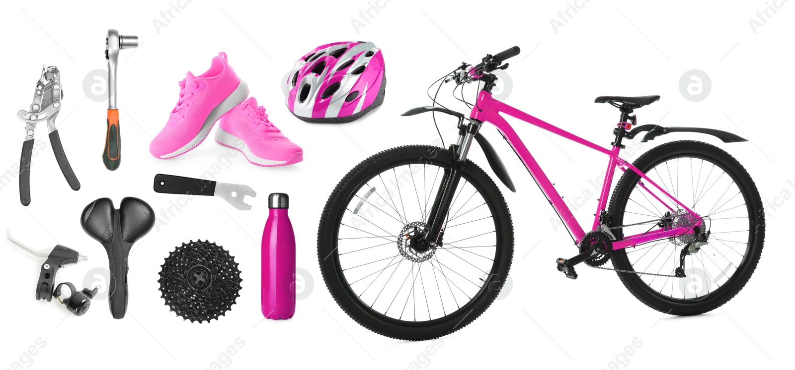 Bicycle, its parts and accessories on white background, collage Image of Bicycle, its parts and accessories on white background, collage