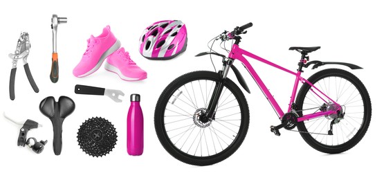 Image of Bicycle, its parts and accessories on white background, collage