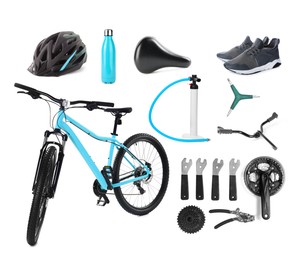 Image of Bicycle, its parts and accessories on white background, collage