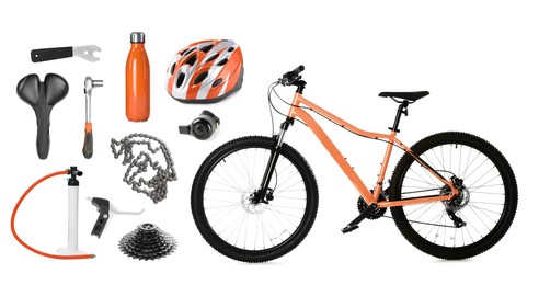 Image of Bicycle, its parts and accessories on white background, collage