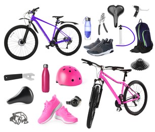Image of Bicycles, its parts and accessories on white background, collage