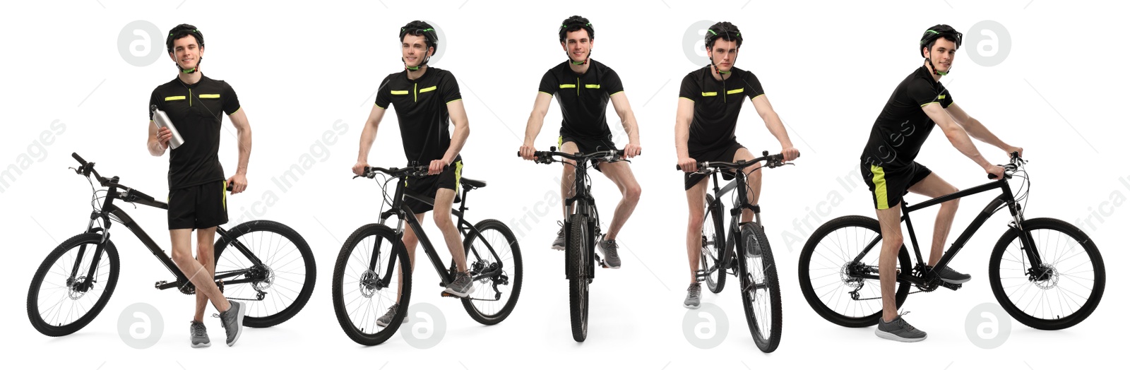 Sportsman in helmet with bicycle on white background, collage of photos Image of Sportsman in helmet with bicycle on white background, collage of photos