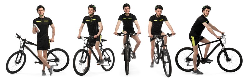 Image of Sportsman in helmet with bicycle on white background, collage of photos