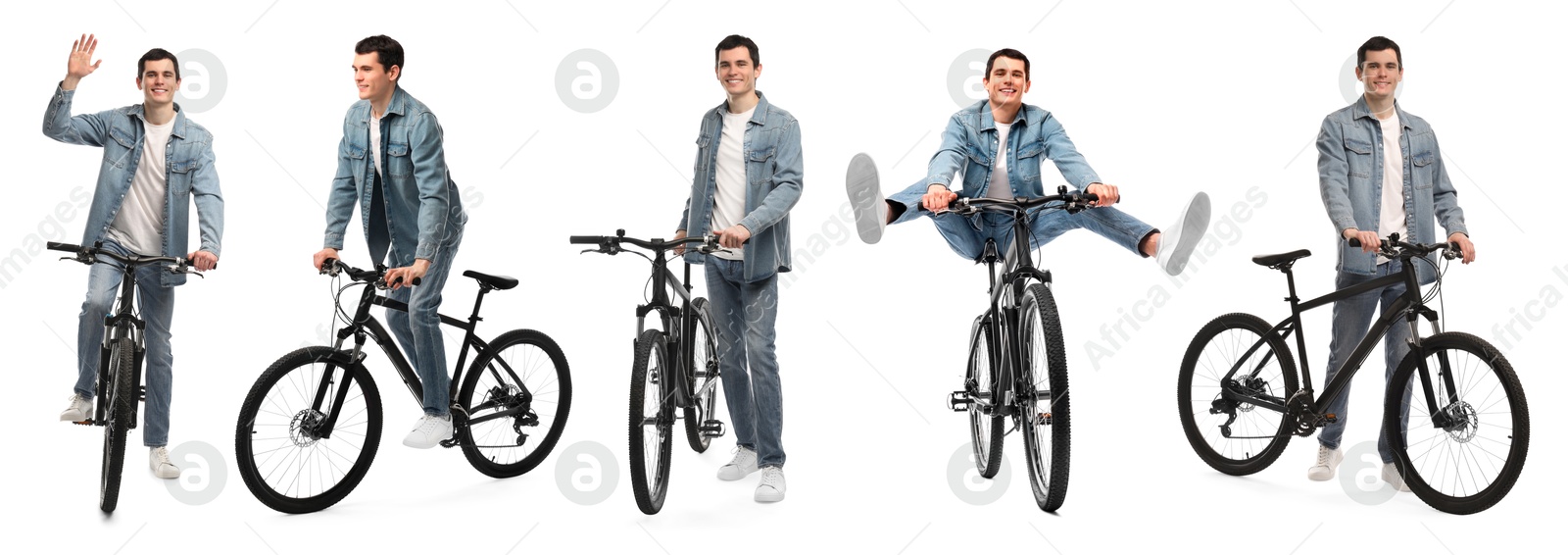 Young man with bicycle on white background, collage of photos Image of Young man with bicycle on white background, collage of photos